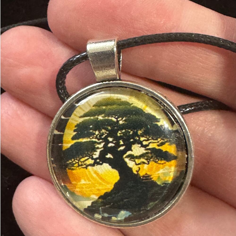 OOAK Handmade Glass Cabochon Pendant Necklace Circle Mystical Sunset Bonsai Tree